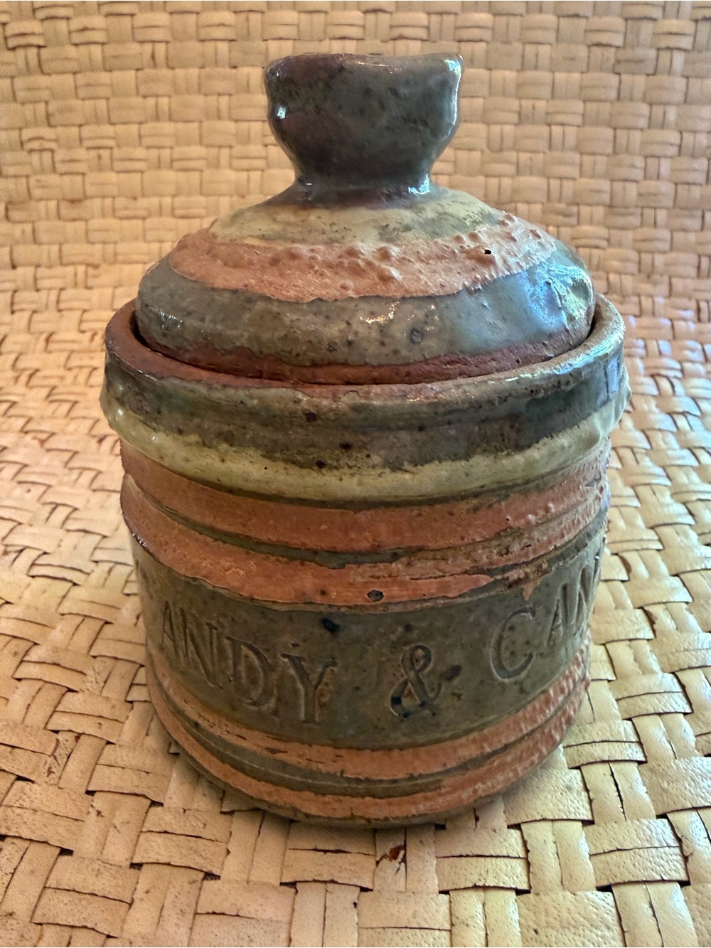 Rustic Earthenware Lidded Jar with Embossed Text 1980